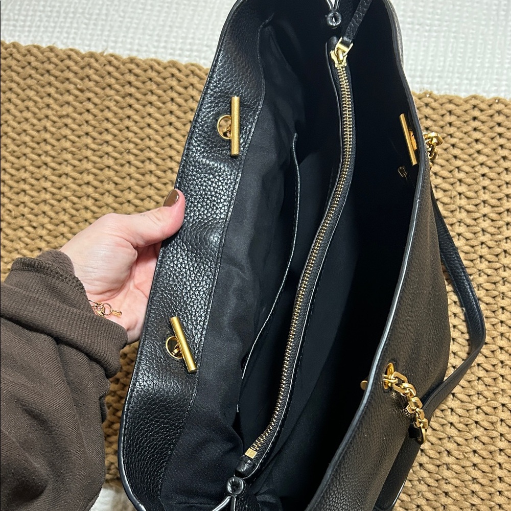 Tory Burch Black Pebbled Leather Tote with Gold Details - Picture 8 of 12